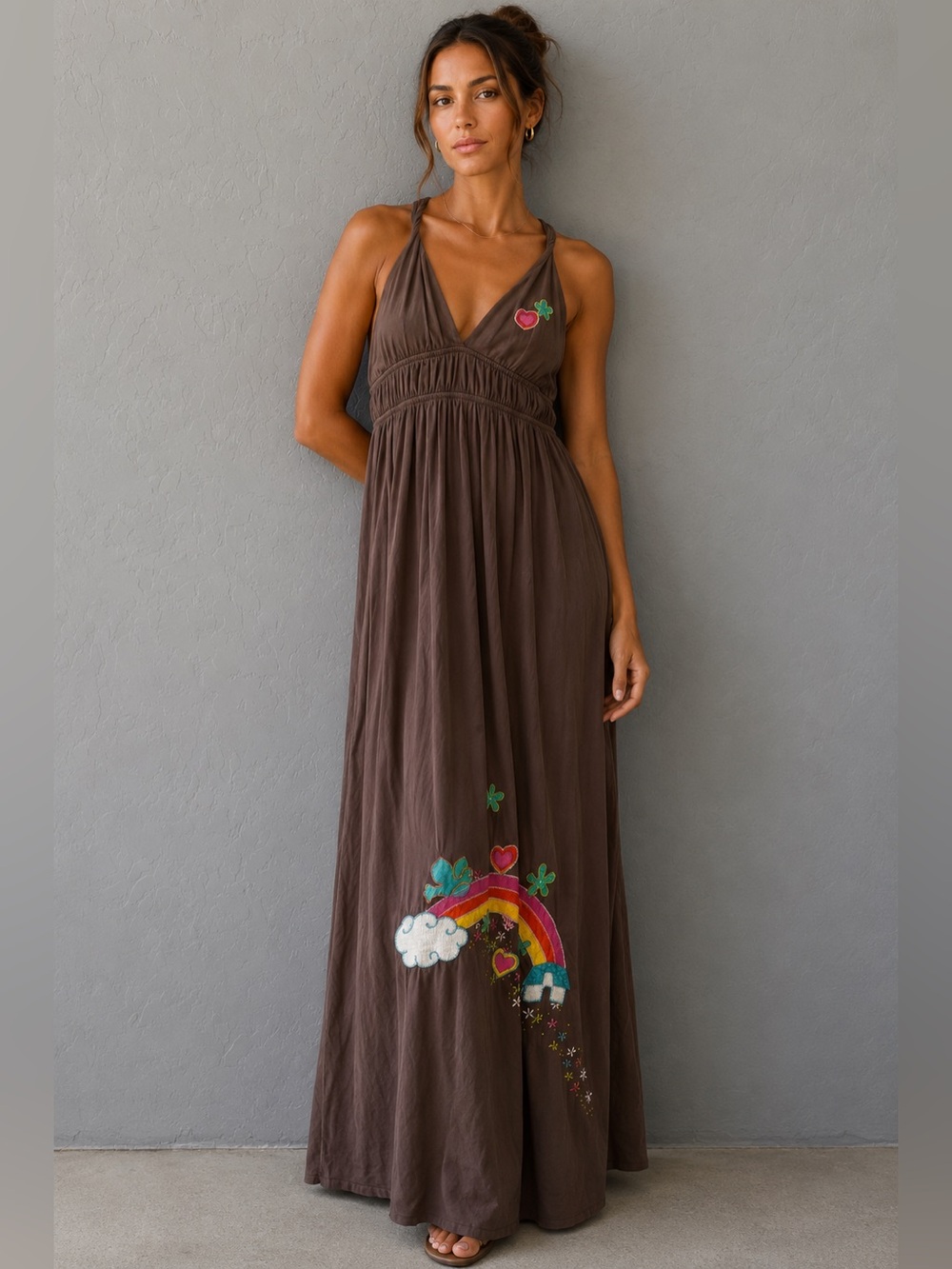 Live With Love Brown Embroidered Rainbow Cotton Halter Maxi Dress Small Boho